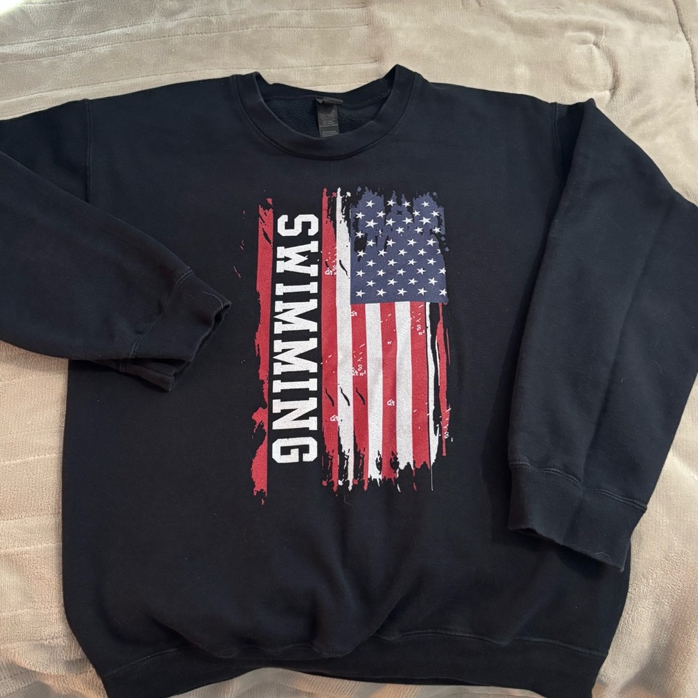 Black Crewneck Sweater with American Flag Swimming Graphic
